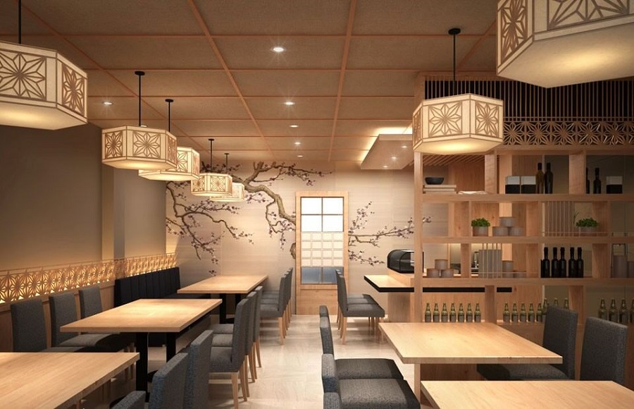 Nội thất nhà hàng Nhật Bản đề cao nét đẹp thanh tao, trang nhã, tối giản mà tinh khôi bằng cách kết hợp màu sắc hài hòa cùng họa tiết đặc trưng của xứ sở mặt trời mọc