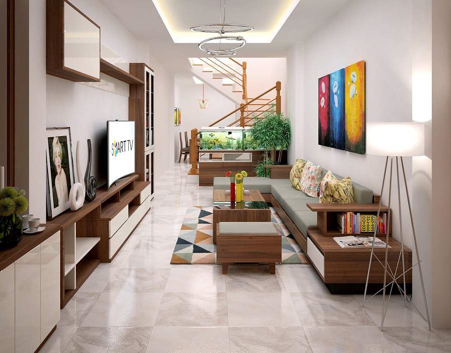 Thiết kế nội thất phòng khách nhà phố 35m2 theo phong cách hiện đại, đơn giản sẽ giúp chúng ta cân đối ngân sách dễ dàng hơn