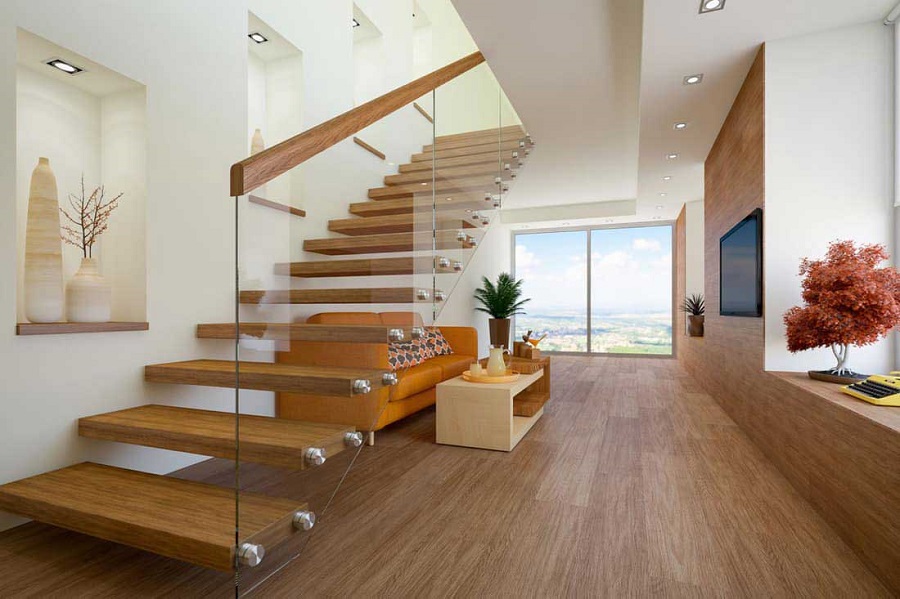 Cầu thang thiết kế đơn giản với sự kết hợp của chất liệu gỗ - kính mang đến sự sang trọng, ấm cúng cho cả không gian nội thất hiện đại