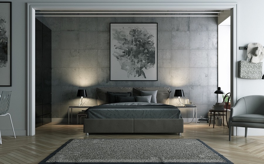 Thiết kế nội thất phòng ngủ hiện đại với tone màu xám mang đến không gian vô cùng sắc nét và sang trọng