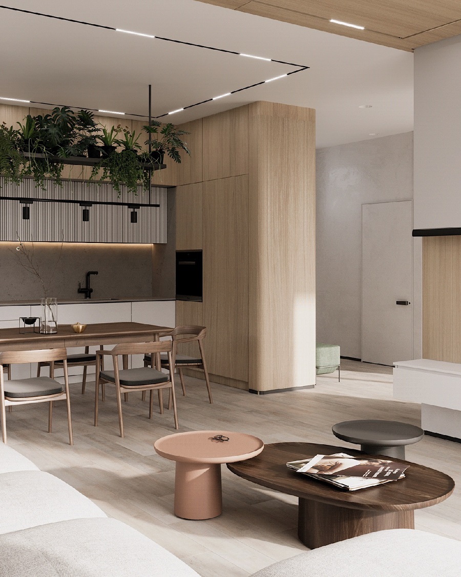 Thiết kế mở để thông 2 không gian bếp - phòng ăn với phòng khách tạo nên sự rộng thoáng cần thiết cho không gian ngôi nhà