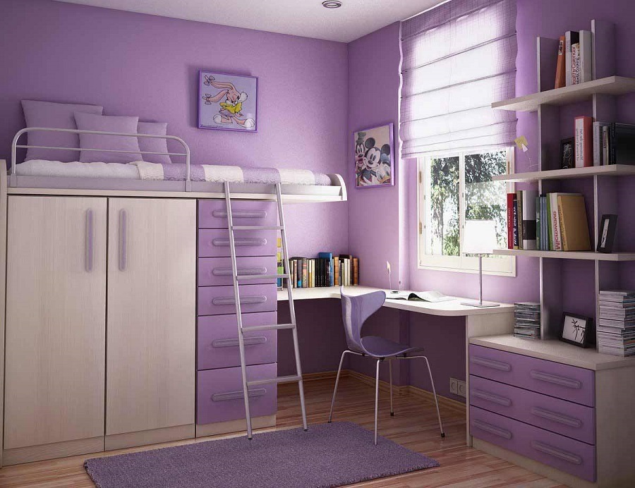 Tím mộng mơ cùng thiết kế nội thất đa năng cũng là lựa chọn lý tưởng cho những ai đang cần một giải pháp bày trí phòng ngủ độc đáo cho con gái của mình