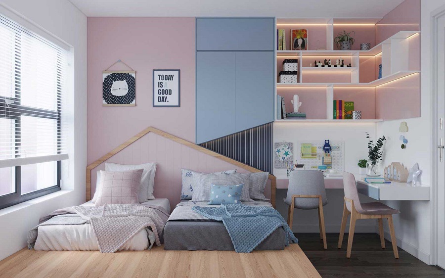 Thiết kế hai giường đơn với sự kết hợp màu sắc hài hòa mang đến không gian phòng ngủ cho bé gái vừa đẹp mắt, tinh tế và cực kỳ dễ thương