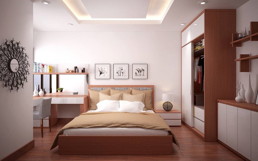 Đồ dùng nội thất đơn giản nhưng vẫn đầy đủ tiện nghi được kê vừa khít các vị trí tường mang đến không gian sinh hoạt rộng rãi hơn đáng kể