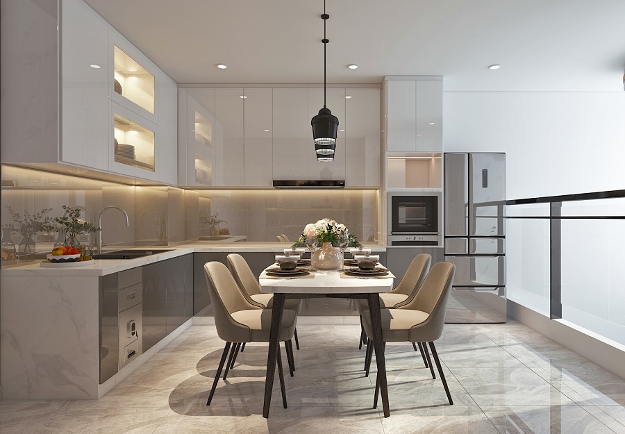Khi muốn tăng diện tích phòng khách ở tầng trệt, bạn có thể cân nhắc phương án thiết kế bếp và bàn ăn ở gác lửng. Đây không chỉ là điểm nhấn đắt giá cho ngôi nhà mà còn giúp chúng ta tối ưu hóa không gian sử dụng