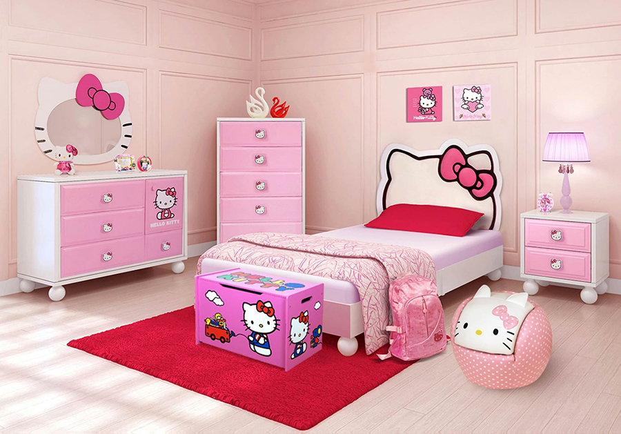 Nếu không muốn sử dụng quá nhiều họa tiết trang trí, chúng ta có thể thay bằng sản phẩm nội thất mô phỏng hình ảnh như các mẫu giường, mẫu gương hình Hello Kitty