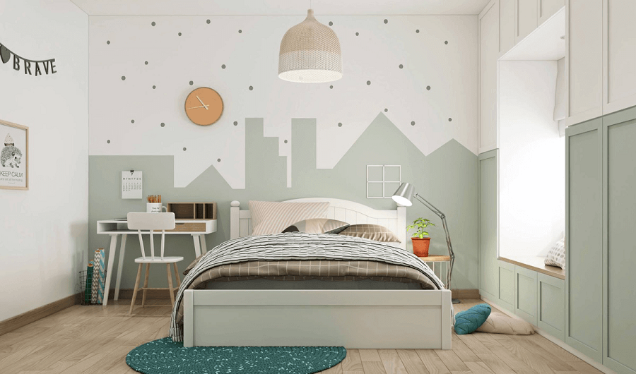 Ý tưởng thiết kế phòng ngủ bé trai 14 tuổi theo chủ đề mô phỏng thành phố được tô màu xanh nhạt mang đến sự mới mẻ và ấn tượng cho không gian của bé