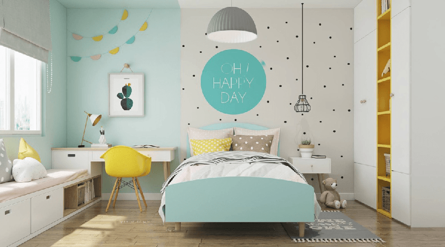 Việc phân chia phòng bằng giấy dán tường theo phong cách bất đối xứng mang đến ý tưởng decor tuyệt vời trong một thiết kế phòng ngủ 15m2 cho bé gái