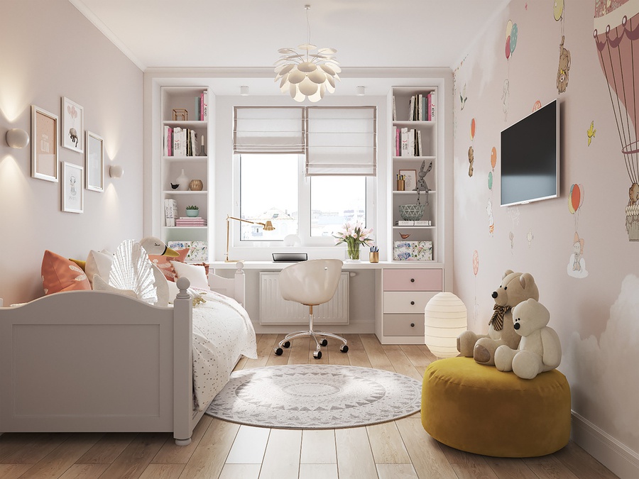 Phong cách thiết kế hiện đại dành cho bé gái 4 tuổi thường lựa chọn các gam màu tươi sáng như hồng pastel, trắng mang đến không gian vô cùng đáng yêu phù hợp tâm lý các bé