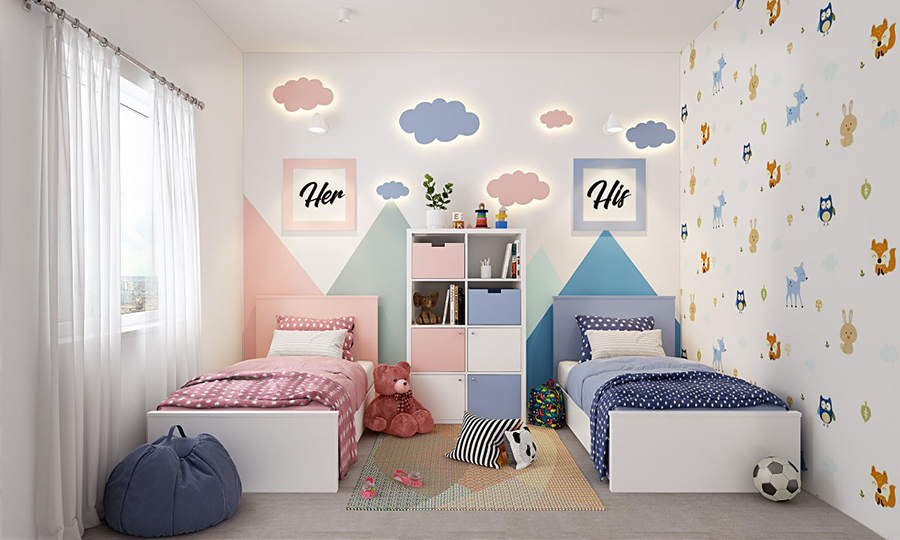 Hoặc các mẫu giường đơn thiết kế song song với họa tiết và màu sắc đặc trưng theo giới tính cũng là ý tưởng setup không tồi khi thiết kế phòng đôi dành cho cả 2 bé