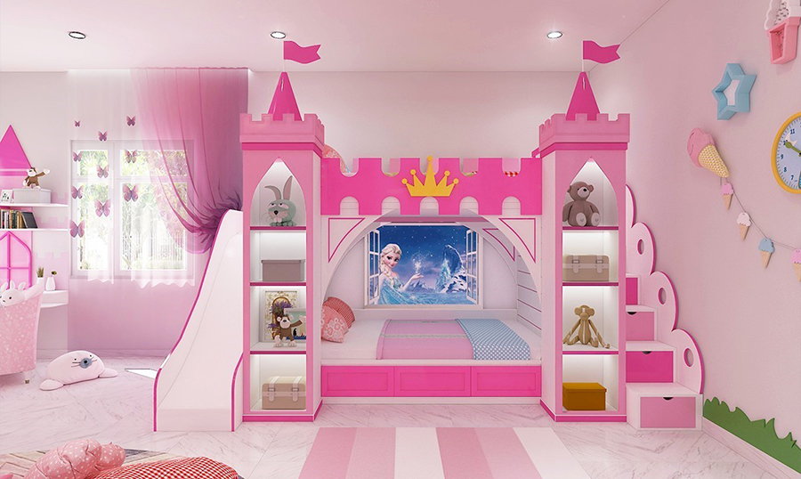 Phòng ngủ tone hồng ngọt ngào kết hợp giường kiêu lâu dài, trang trí họa tiết công chúa Elsa dành cho những bé gái là fan của Frozen