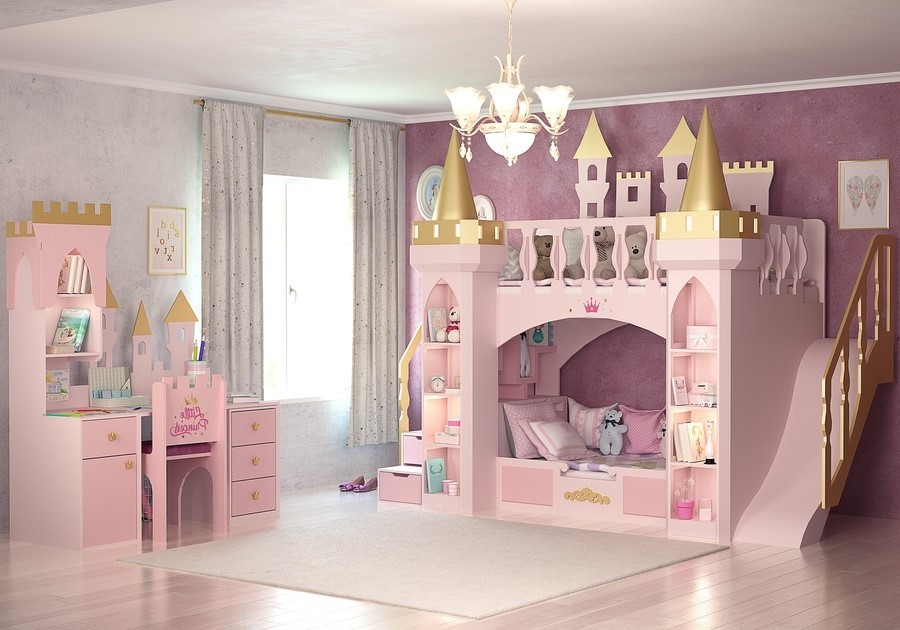 Sự kết hợp hài hòa giữa giường ngủ lâu đài cổ tích với bàn học cùng form mang đến chỉnh thể hoàn hảo cho không gian sinh hoạt của nàng công chúa nhỏ