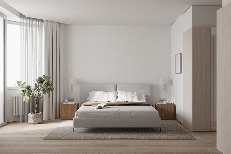 Sử dụng cây xanh trang trí trong nội thất phòng ngủ tối giản không chỉ tạo điểm nhấn mà còn mang đến sự thư thái, dễ chịu cho gia chủ