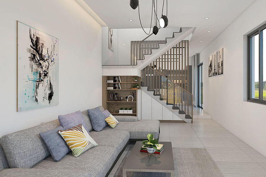 Phòng khách thiết kế theo phong cách hiện đại với tông màu sáng cùng nội thất đơn giản mang đến vẻ đẹp tinh tế, sắc nét cho không gian