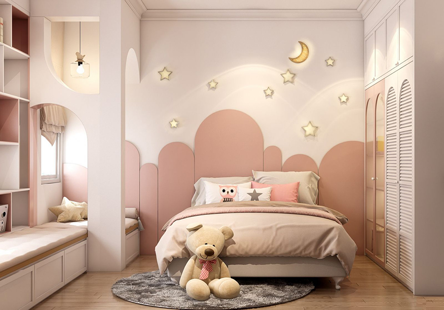 Phòng ngủ cho con gái thiết kế tone hồng pastel cùng họa tiết xinh xắn, vô cùng dễ thương