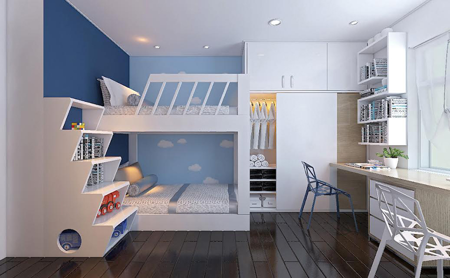 Nội thất độc đáo trong thiết kế phòng ngủ bé trai 8 tuổi với giường tầng mang đến không gian chung đẹp mắt cùng những tác động tích cực đến quá trình phát triển tư duy của trẻ