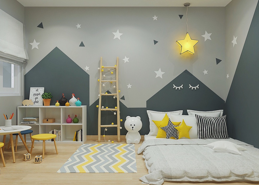 Ý tưởng thiết kế độc đáo với họa tiết ngôi sao dễ thương cùng phương án không sử dụng giường ngủ đảm bảo tối đa an toàn cho bé